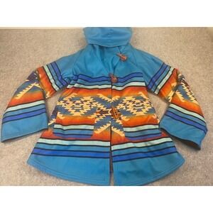 Southwestern Aztec Print Wooden Toggle Western Hooded Fleece Jacket Woman Size M